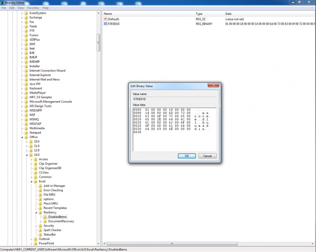 RegEdit DisabledItems Key