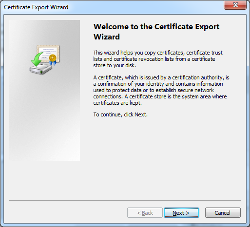 Certificate export wizard